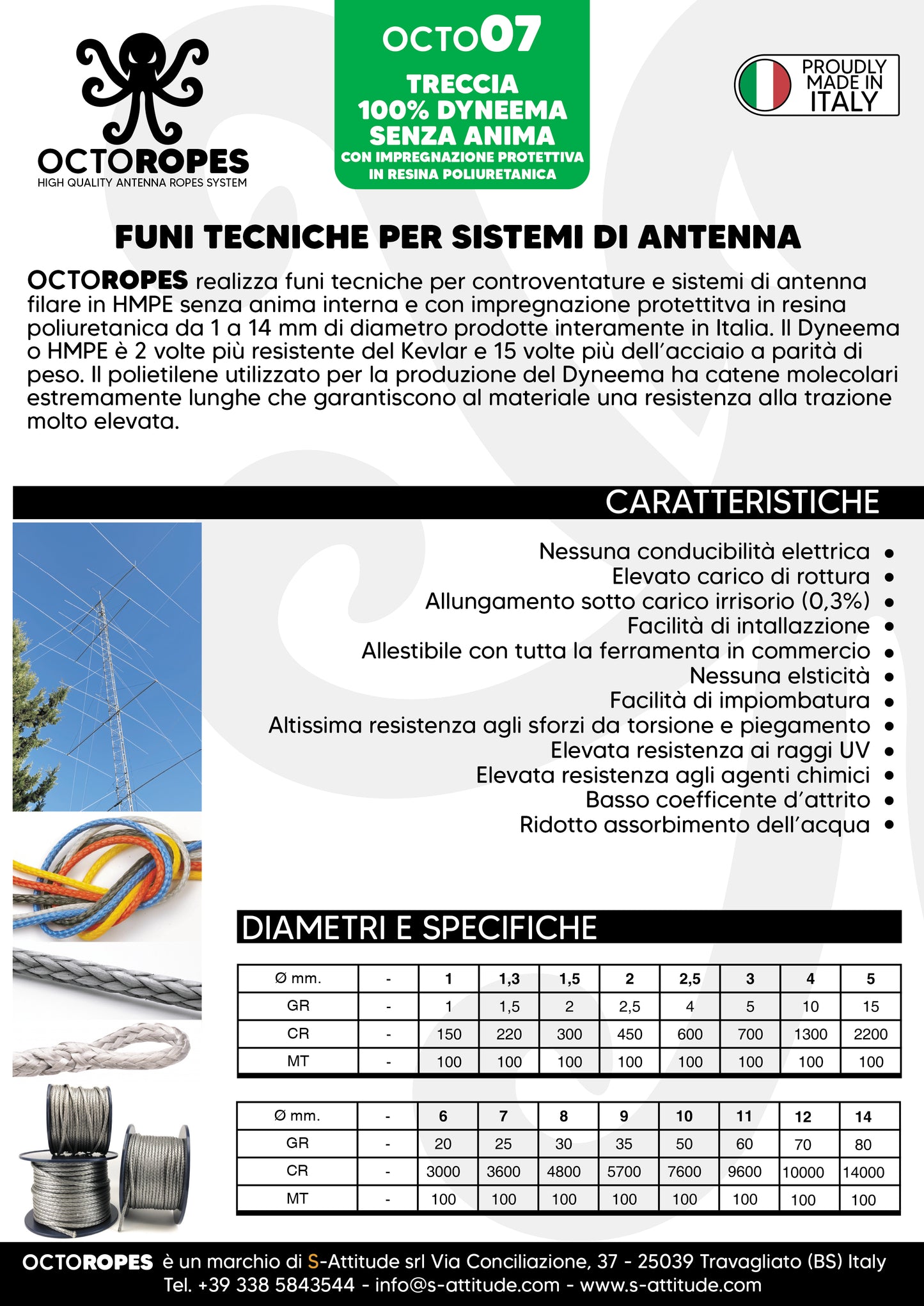 FUNI TECNICHE PER SISTEMI DI ANTENNA OCTOROPES DYNEEMA PURO (OCTO7)  Bobina 100mt.